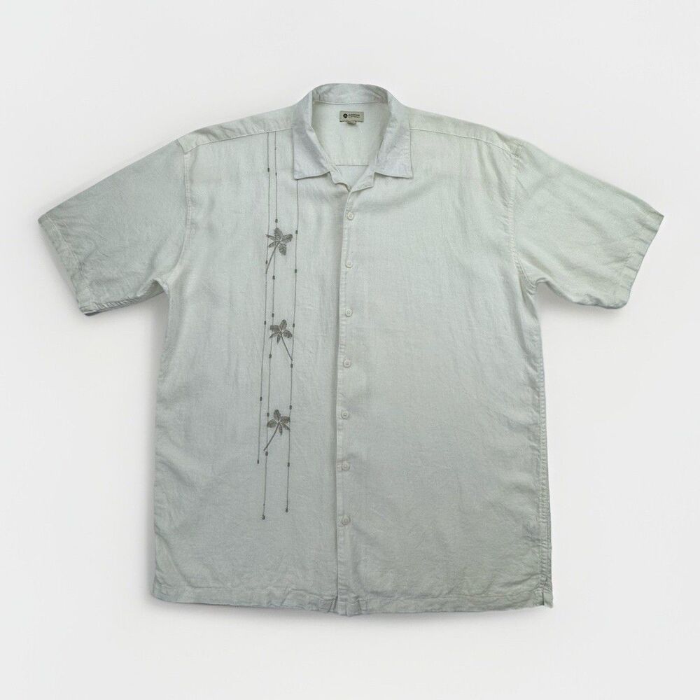 Haggar Mens 2XLT Linen Blend Palm Tree Embroidered Camp Shirt Beige Tall